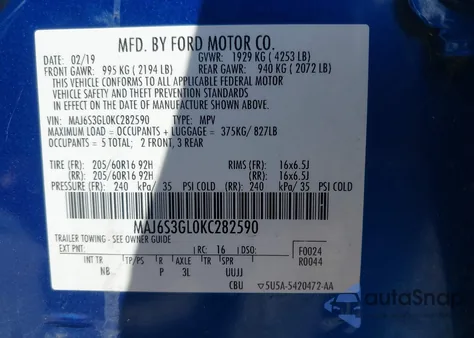 2019 Ford Ecosport Se z USA, uszkodzony, nr VIN MAJ6S3GL0KC282590